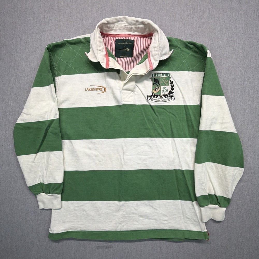 Ireland Rugby Polo Shirt Mens Medium Green White Lansdowne Striped Long Sleeve
